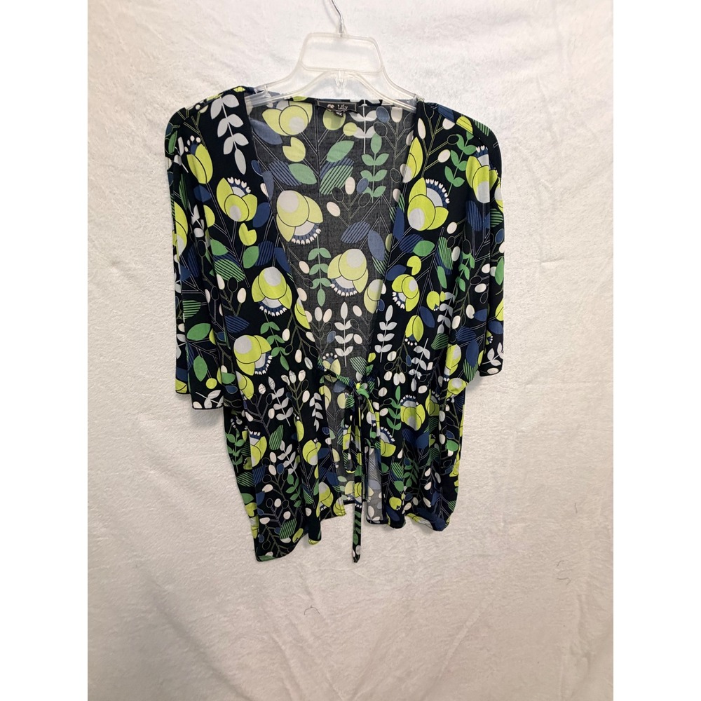 Lily Women 2X Floral Tie Front Cardigan Black Green Blue Short Sleeve Wrap Top